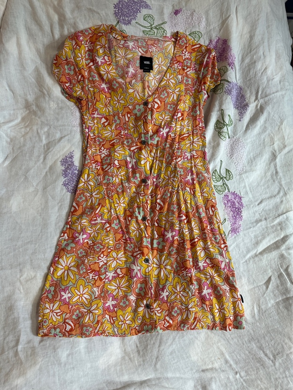 Vans Floral V-Neck Mini Dress in Yellow, Pink, Orange